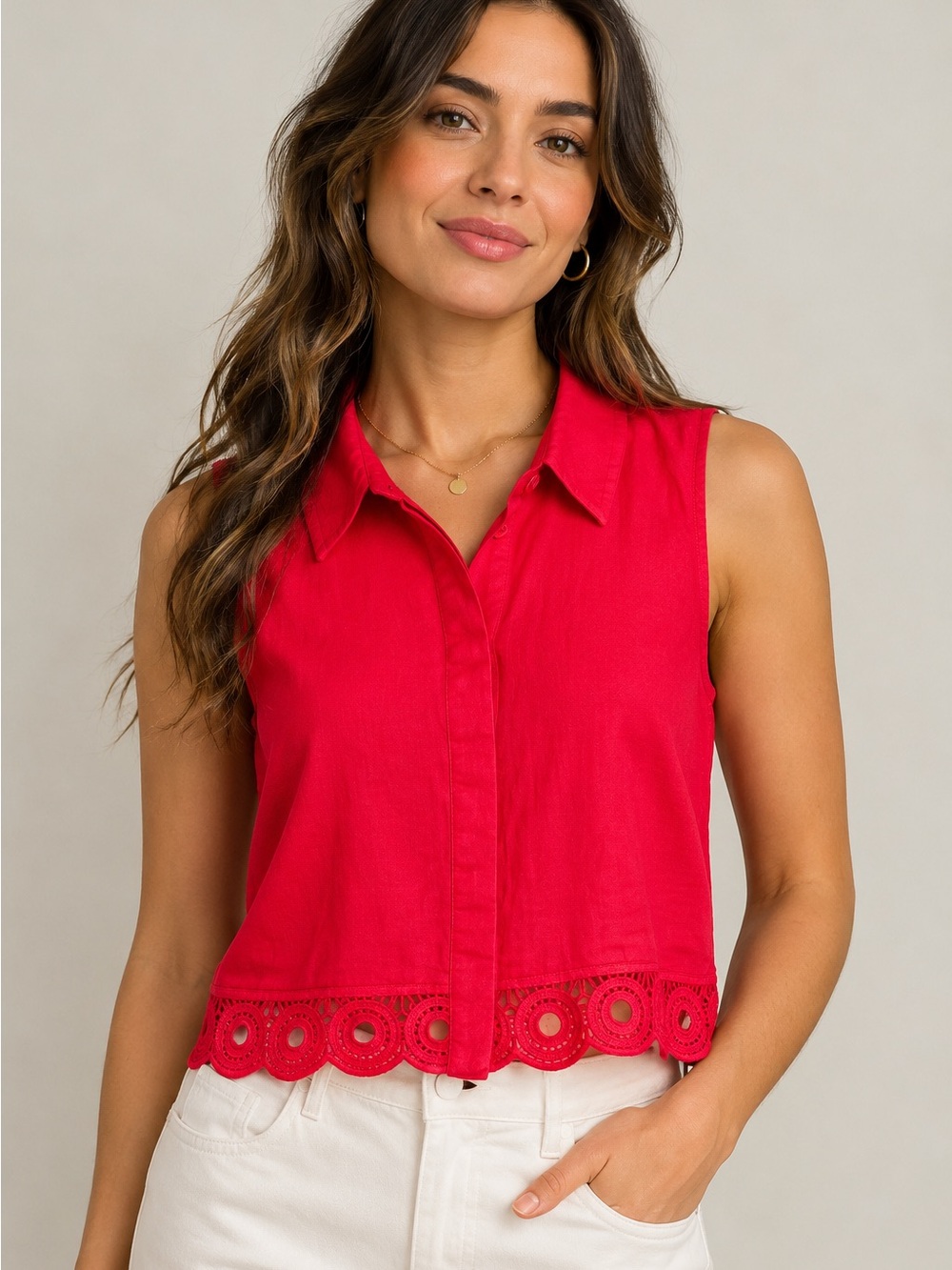 Michael KorsSleeveless Red Collared Eyelet-Hem Top